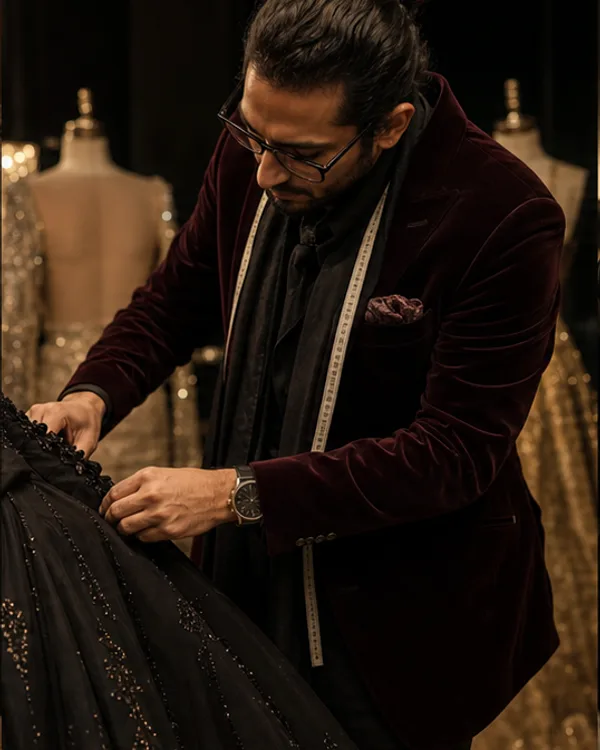 A fashion designer finishing an embellished garment backstage.