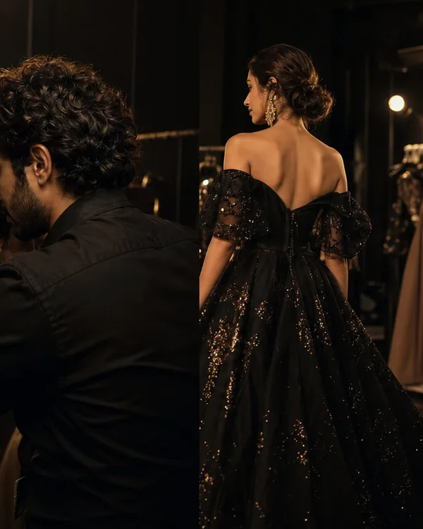 A photographer capturing a model in a black evening dress backstage.