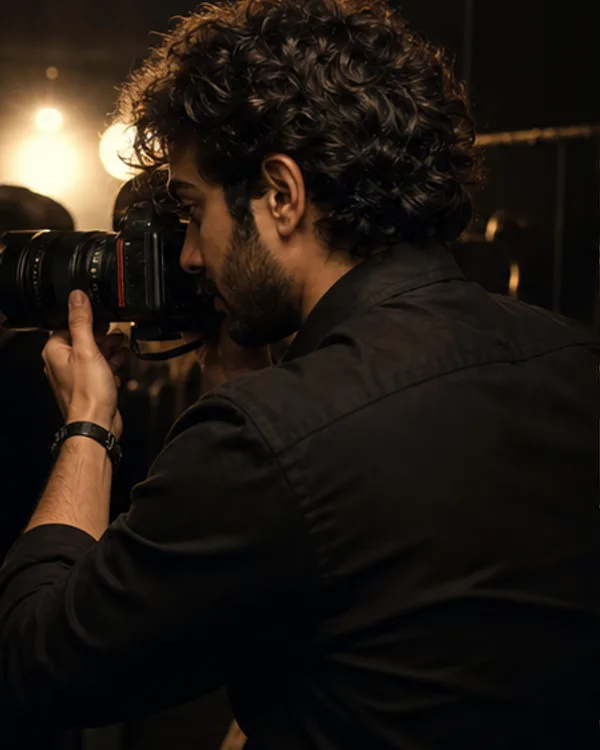 A photographer looking through a camera during a backstage fashion shoot.