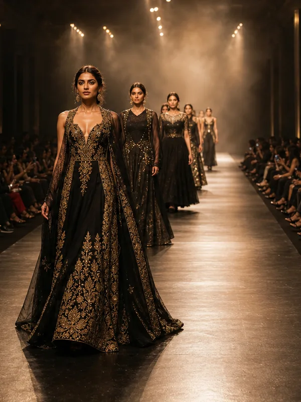 Models in black and gold gowns walking in formation down a runway.