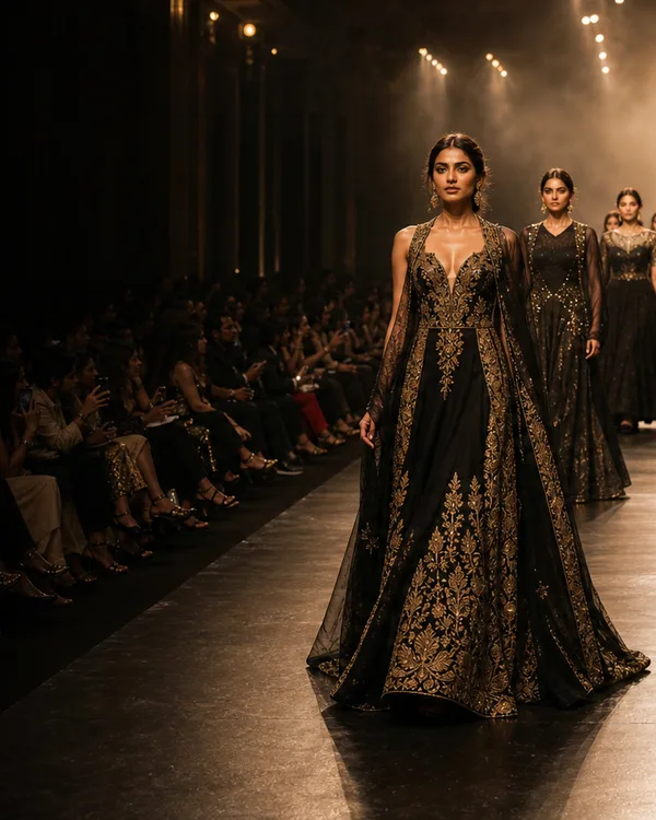 A model in a black and gold gown leading a runway procession past the audience.