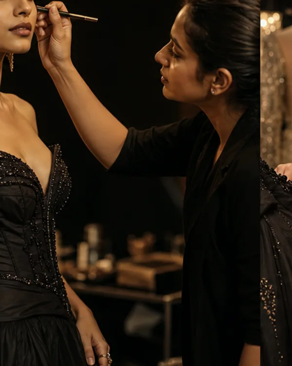 A makeup artist applying eyeliner to a model in a black dress backstage.