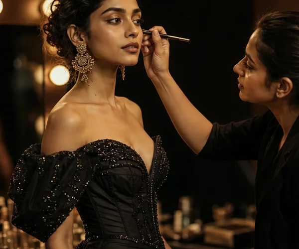 A makeup artist applying eyeliner to a model in a black embellished gown backstage.