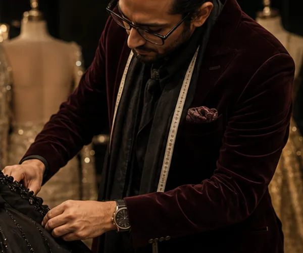 A designer adjusting beadwork on a black garment in a fashion studio.