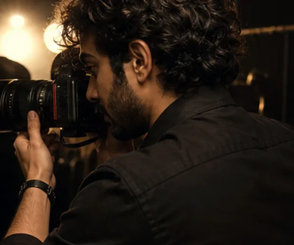 A photographer framing a backstage fashion portrait through a camera.