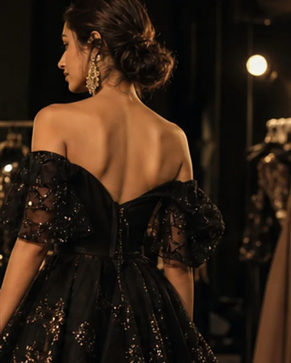 A model showing the back of an off-shoulder black evening gown.