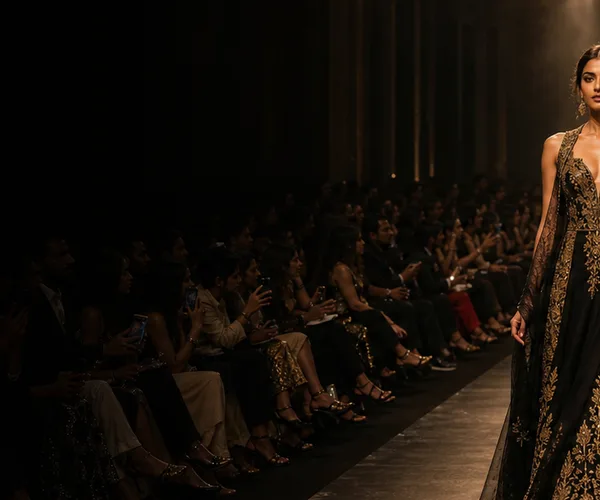 A model in a black and gold gown passing the seated runway audience.
