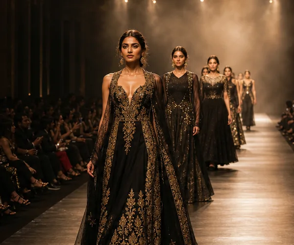 Models in black and gold gowns walking down a lit runway.