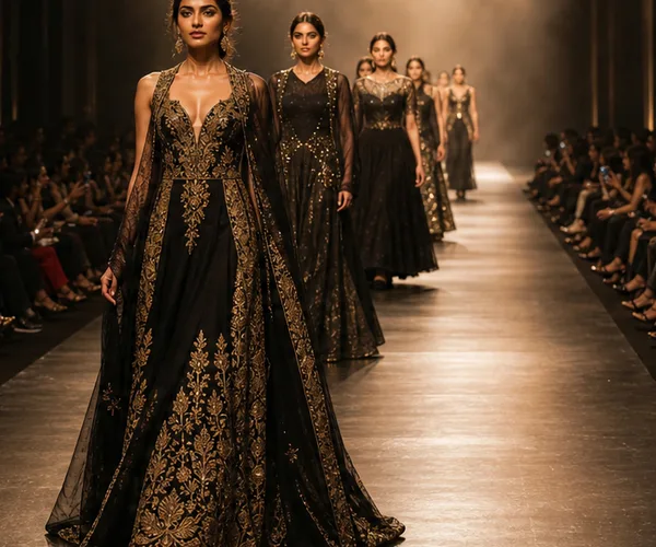 A line of models presenting black and gold evening gowns on the runway.