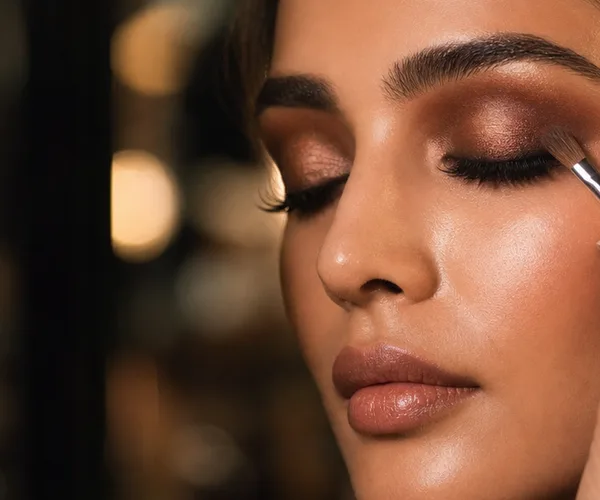 A makeup artist blending bronze eyeshadow on a model backstage.