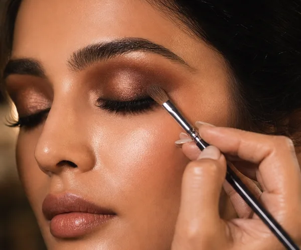 A close-up of a brush applying bronze eyeshadow to a model.