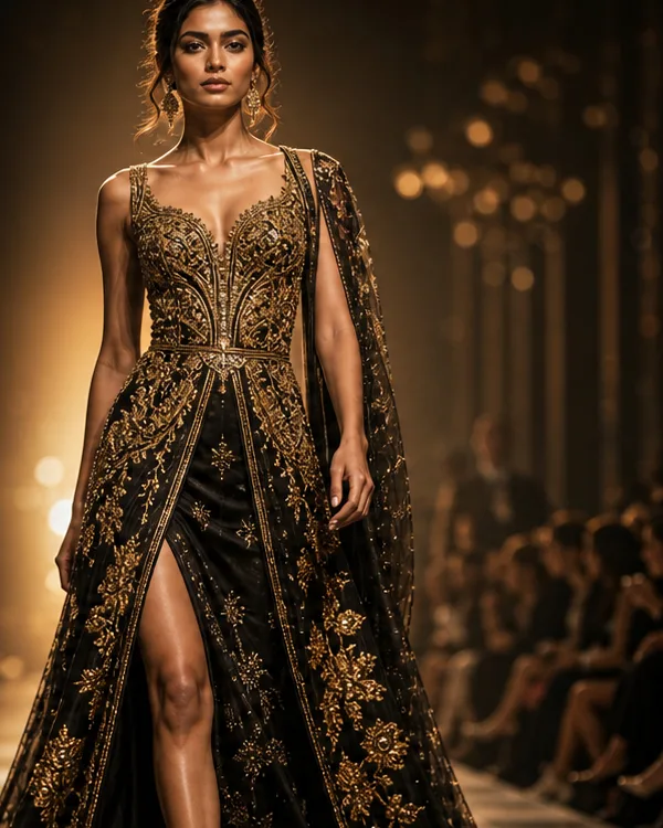 A model wearing a black and gold embroidered gown on a runway.