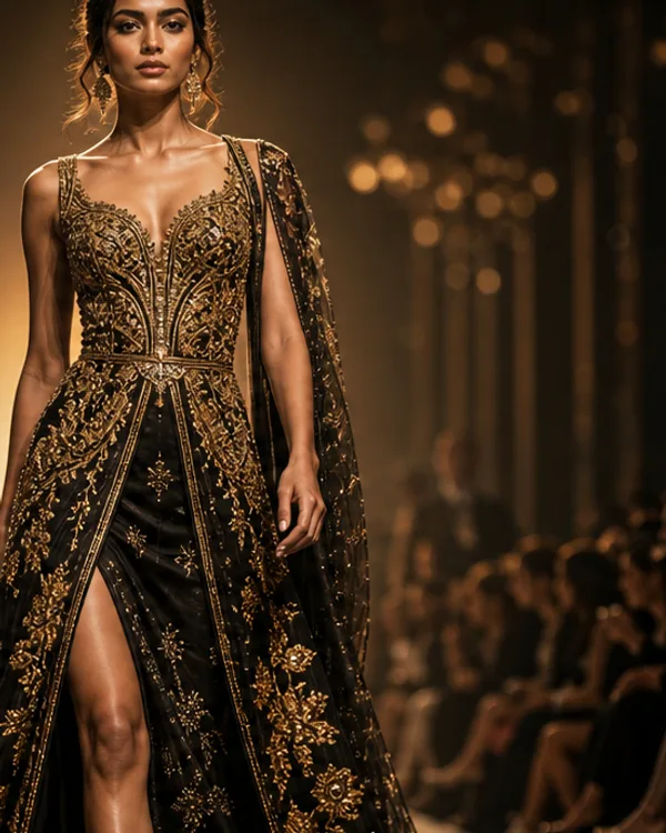 A model in an ornate black and gold gown walking past the audience.