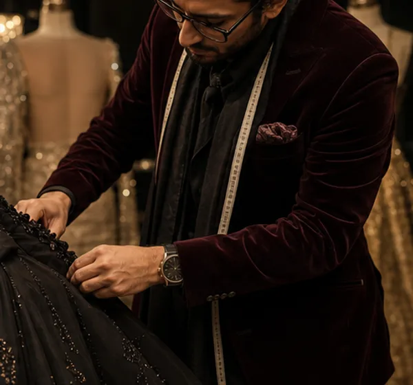 A designer adjusting beadwork on a black garment backstage.