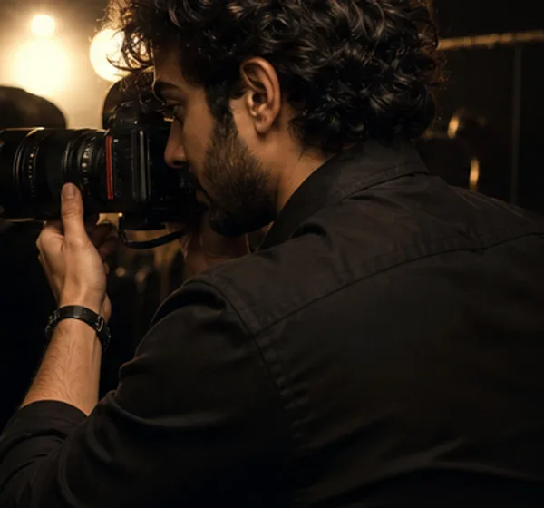 A photographer looking through a camera during a backstage fashion shoot.