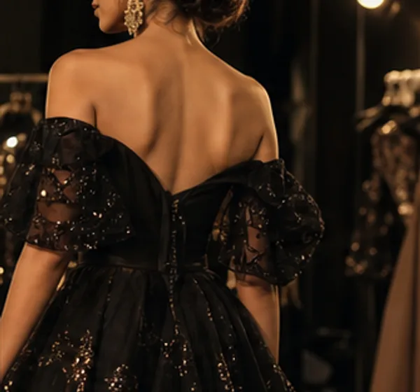 A model showing the back of a sparkling black off-shoulder gown.