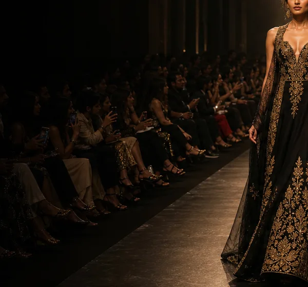 A model in a black and gold gown passing the seated runway audience.
