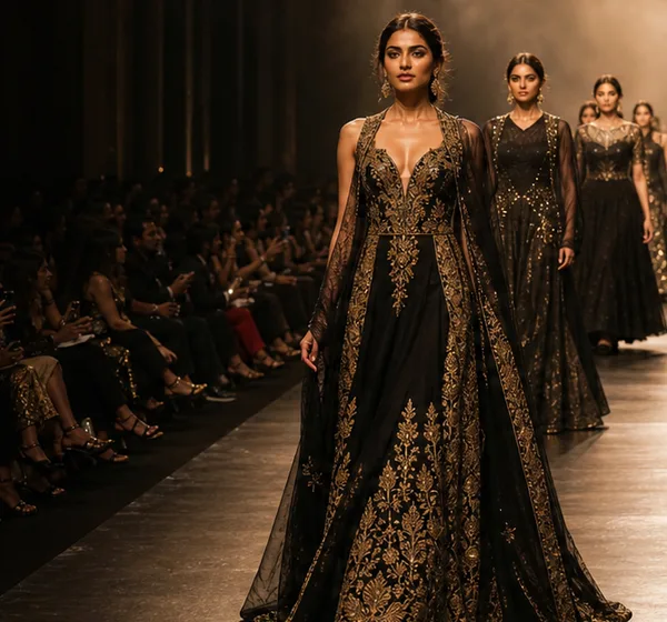Models in black and gold gowns walking in formation down a runway.