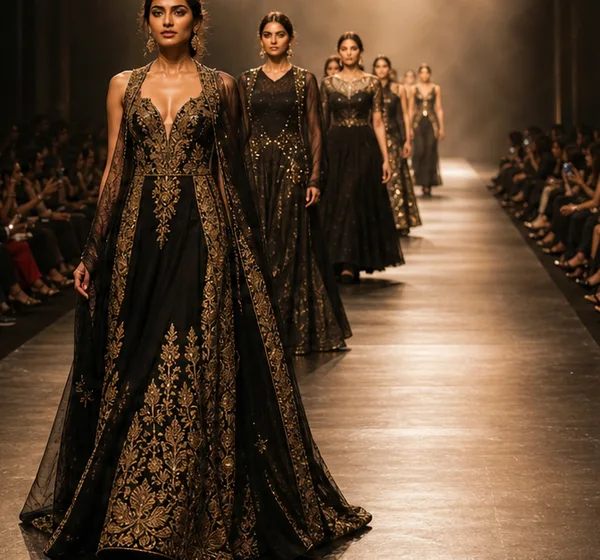 A procession of models presenting black and gold evening gowns.