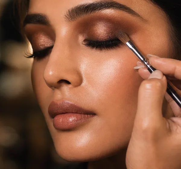 A makeup brush applying bronze eyeshadow to a model's eyelid.