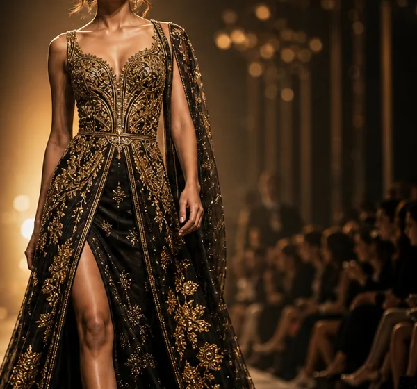 A model in an embroidered black and gold gown walking past the audience.